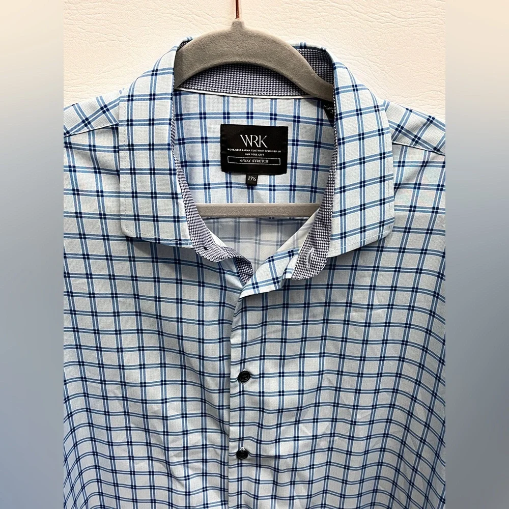 WRK Wrinkle Free Men's Blue Checkered Button Up Shirt sz 17.5
